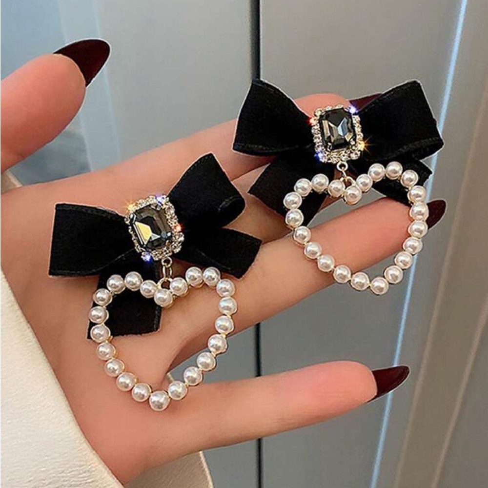 Butterfly Pearl Heart and Black Bow Earrings, Black Bow Earrings, Heart …
